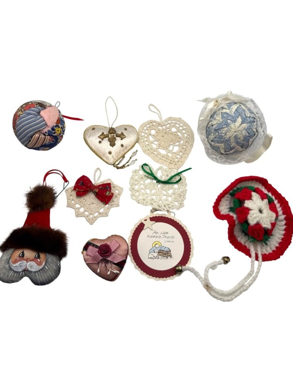 Vintage Christmas Ornament Lot 10 Pcs Crocheted Quilted Cottagecore Rustic Decor